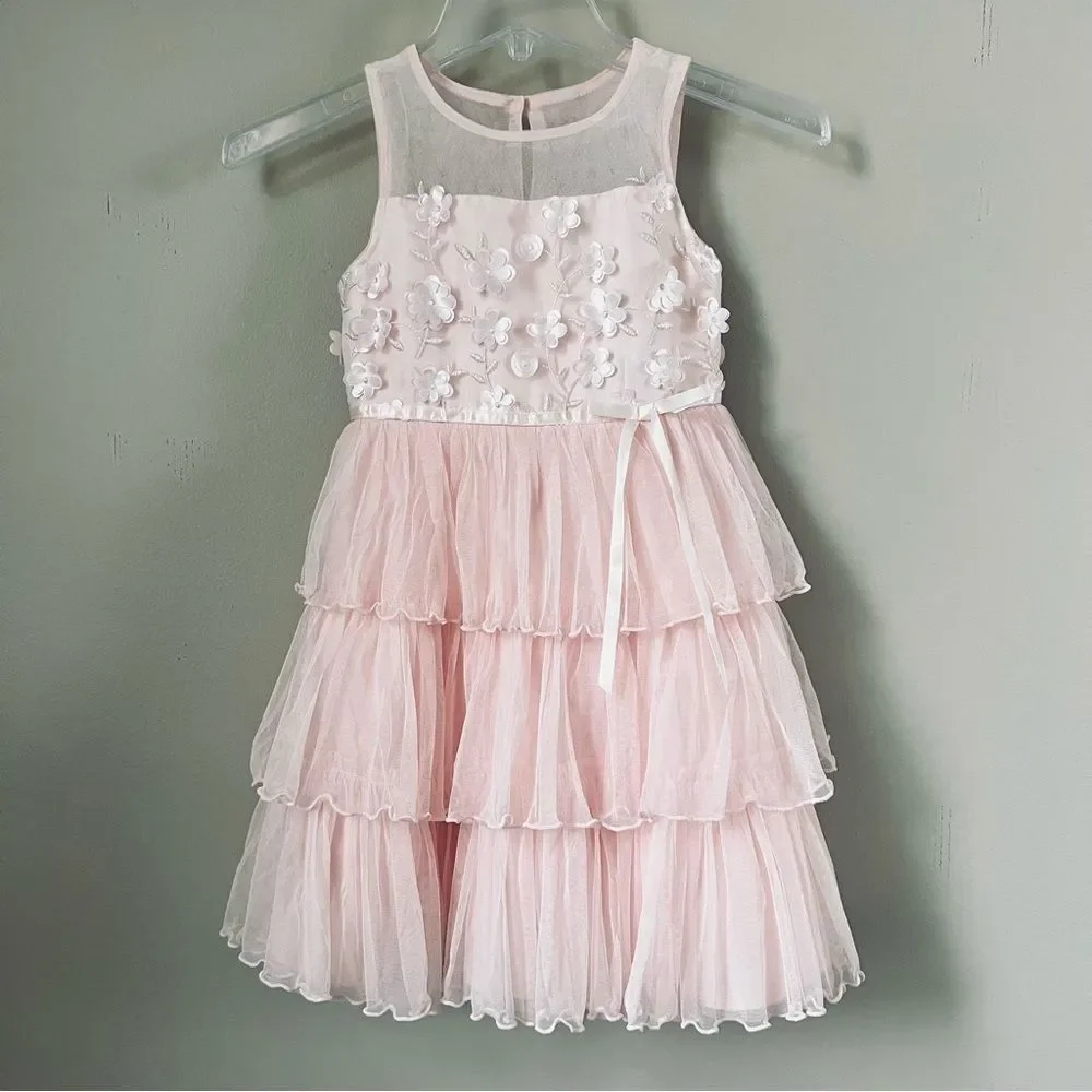 Jona Michelle Pink Tiered Embellished Girls Formal Pink Sleeveless Dress SZ 5